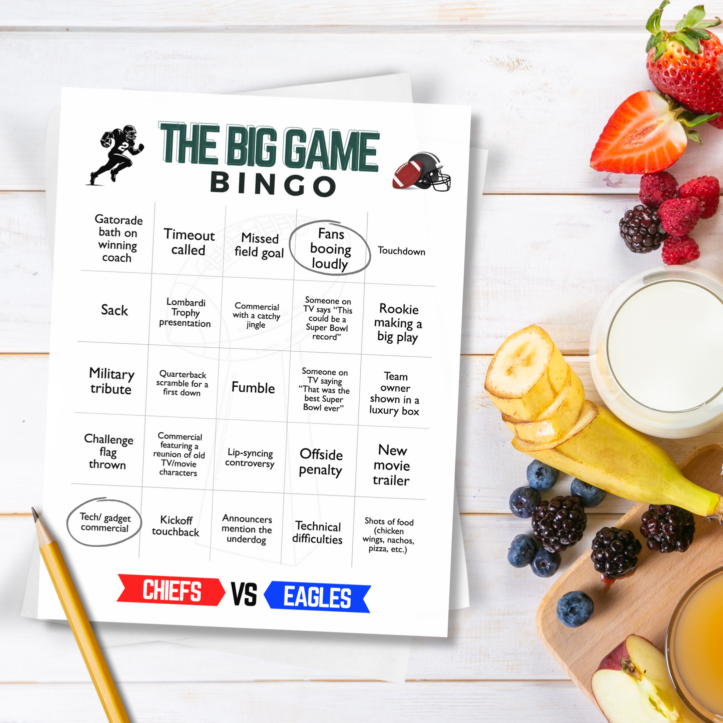 2025 Football Bingo Super Bowl Sunday Big Game Family Watch Party Tailgate Printable Activity LIX 59 Adults & Kids Kansas City Philadelphia