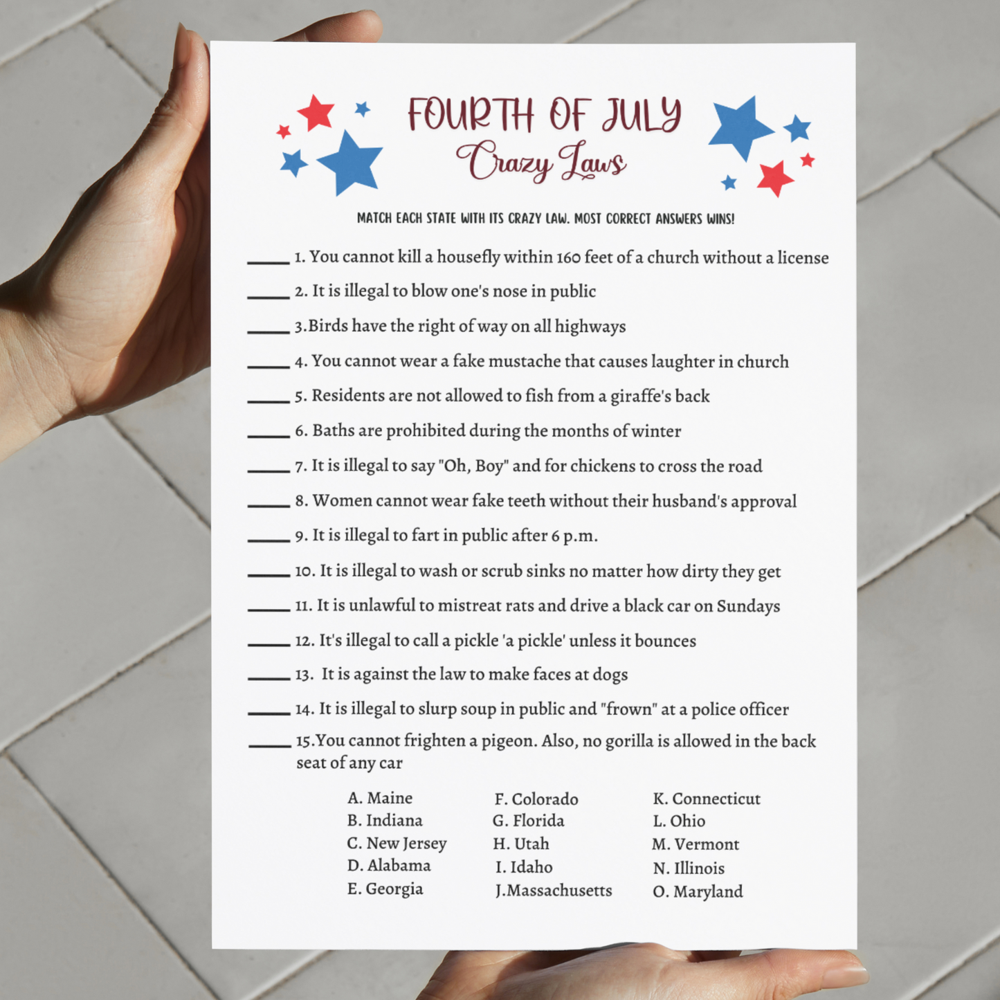 4th of July Crazy Laws Game Printable, Family Trivia Activity Adults & Kids