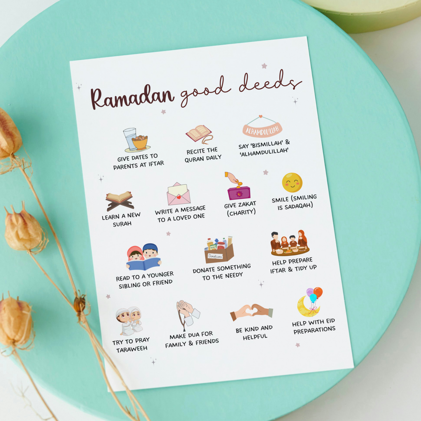 Ramadan Good Deeds Poster Printable, Islamic Wall Art Educational Chart Nursery Home Decor Children Kids Activity Gift Digital Download