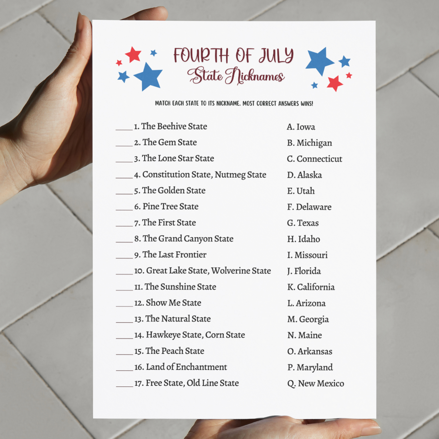 July 4th State Nicknames Game Printable, Family Trivia Activity Adults & Kids