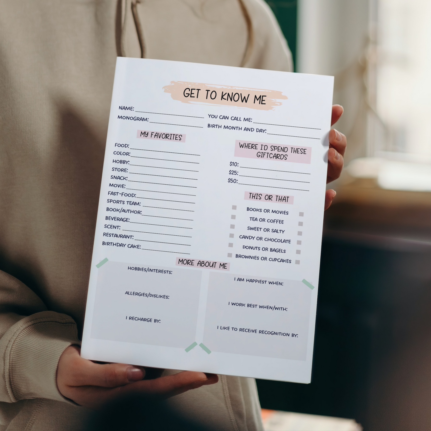 Editable Coworker Questions, Printable All About Me Employee Questionnaire