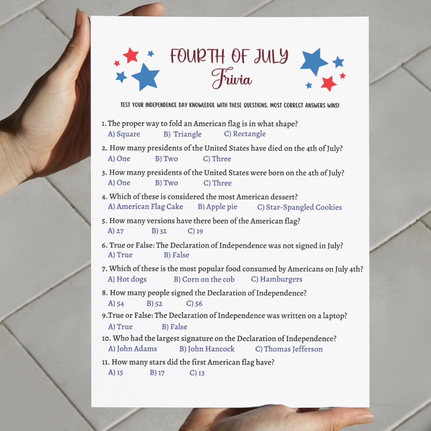 July 4th Trivia Game Printable, Family Activity Adults & Kids