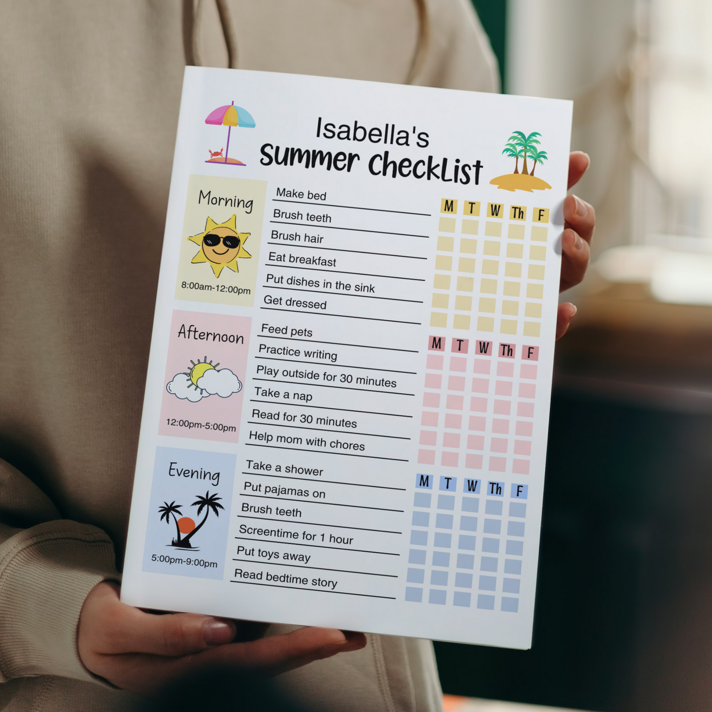 Kids Summer Daily Checklist Schedule Printable, Editable Chore Chart