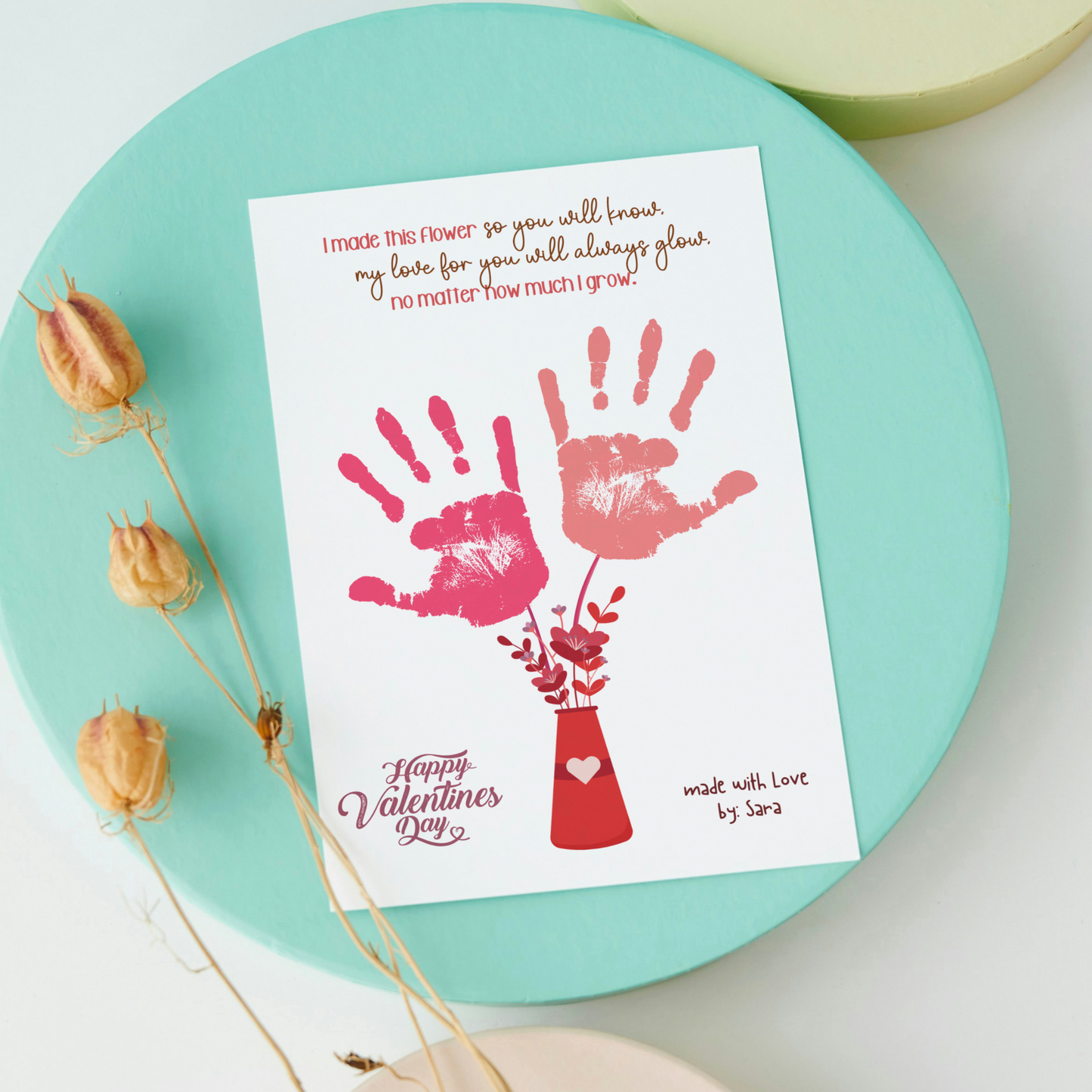 Valentine’s Day Handprint Craft Printable, Flower DIY Art Activity for Kids Baby Toddler Child