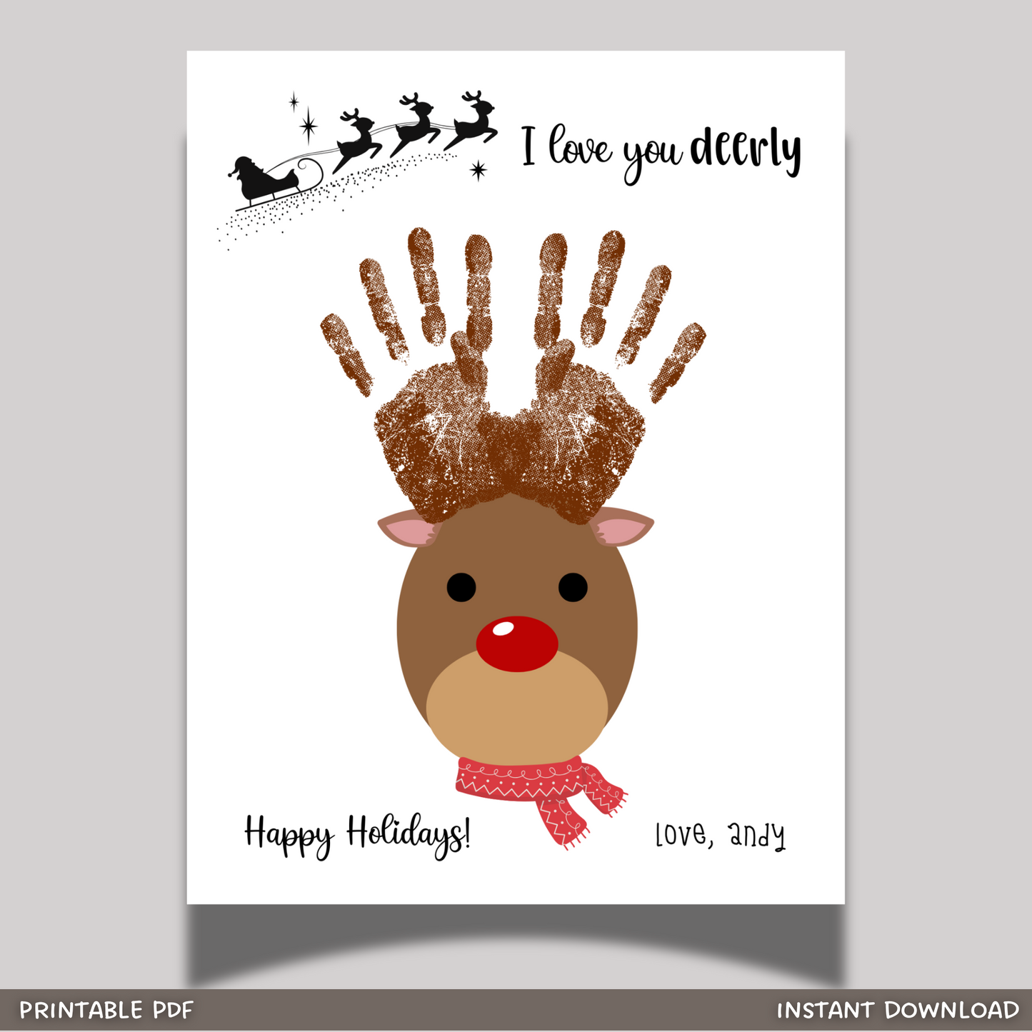 Christmas Handprint Reindeer Craft Printable, DIY Holiday Art Activity For Baby Toddler Kids Keepsake Gift