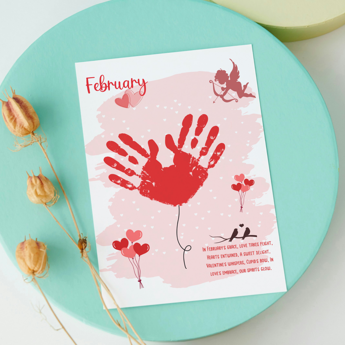 February Handprint Footprint Crafts Printable, DIY Art Kids Preschool Activity, Valentines Monthly Keepsakes Baby Toddler PreK Kindergarten