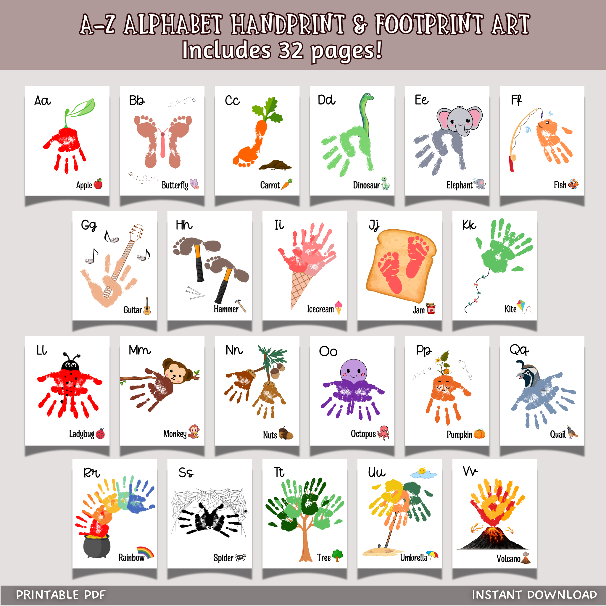 A-Z Alphabet Handprint Footprint Crafts Printable, ABC Memory Phonic A ...