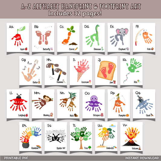 A-Z Alphabet Handprint Footprint Crafts Printable, ABC Memory Phonic Art Book for Baby Toddler Child Nursery DIY Activity Preschool Teacher Homeschool Classroom Keepsake