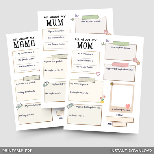 All About My Mom Survey Printable, Mothers Day Gift Idea