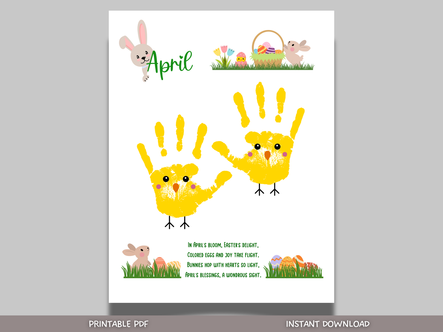 April Handprint Footprint Crafts Printable, DIY Art Kids Preschool Activity, DIY Easter Monthly Keepsakes for Baby Toddler PreK Kindergarten