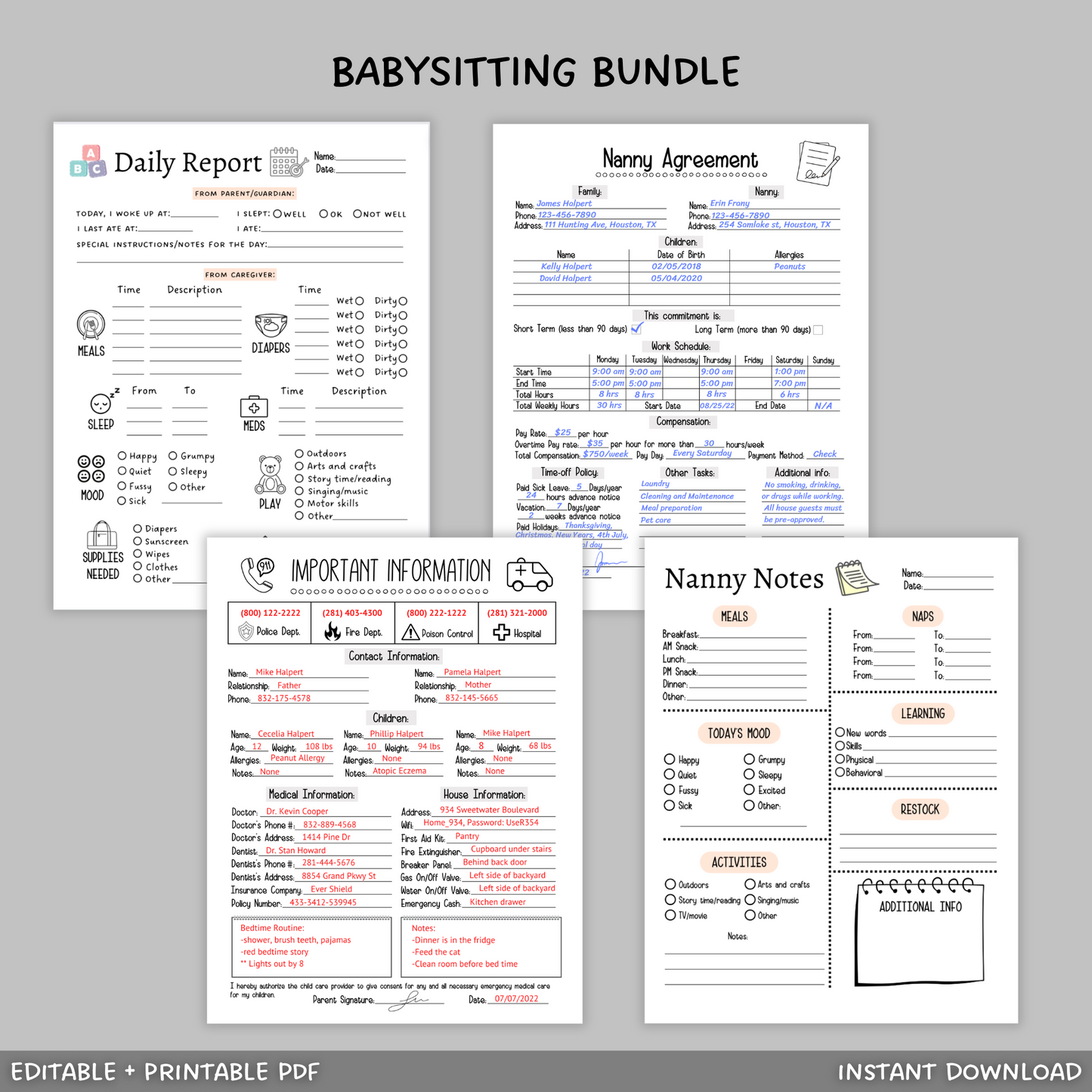 Babysitter Planner Printable Bundle, Nanny Information