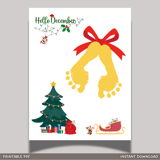 Christmas Bells Footprint Craft Printable, DIY Holiday Art Activity Baby Toddler Kids Children Preschool Daycare Kindergarten Keepsake Gift