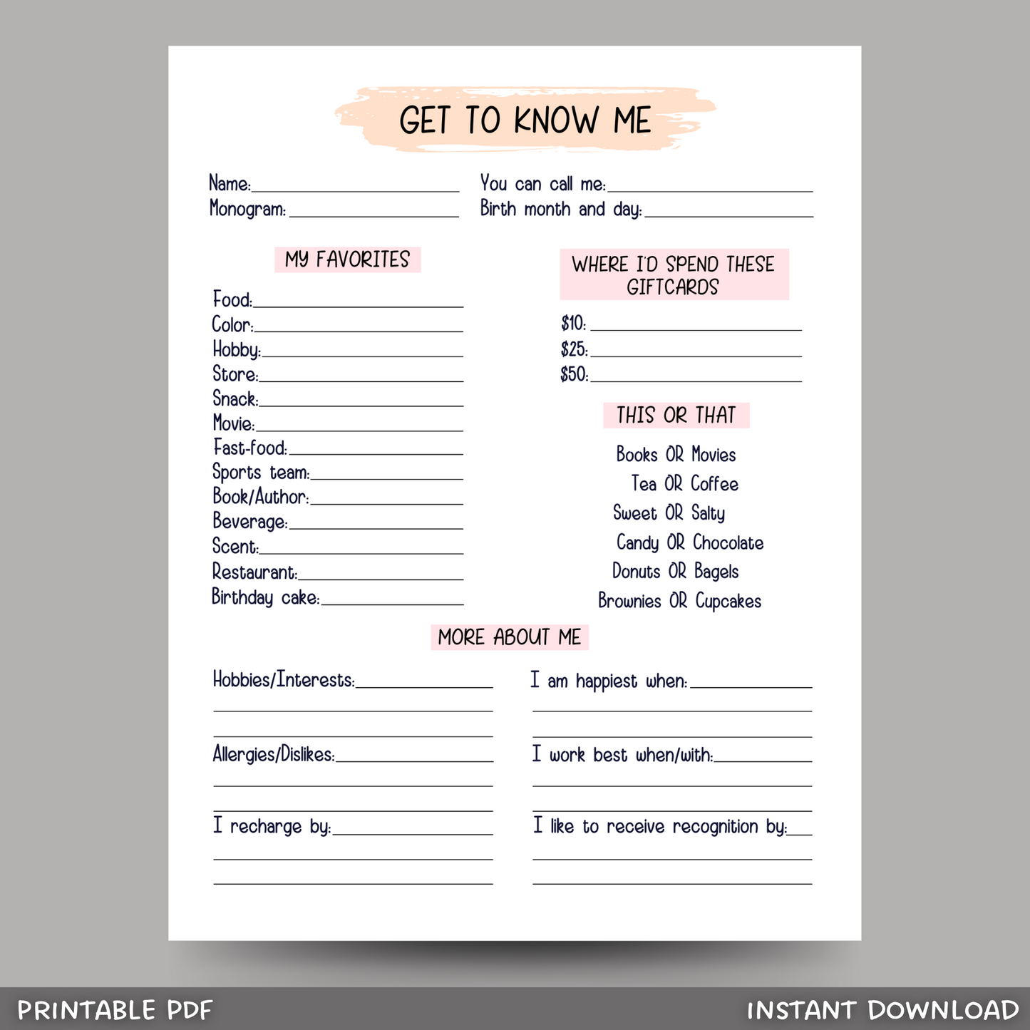 Coworker Questions Printable, All About Me Employee Survey