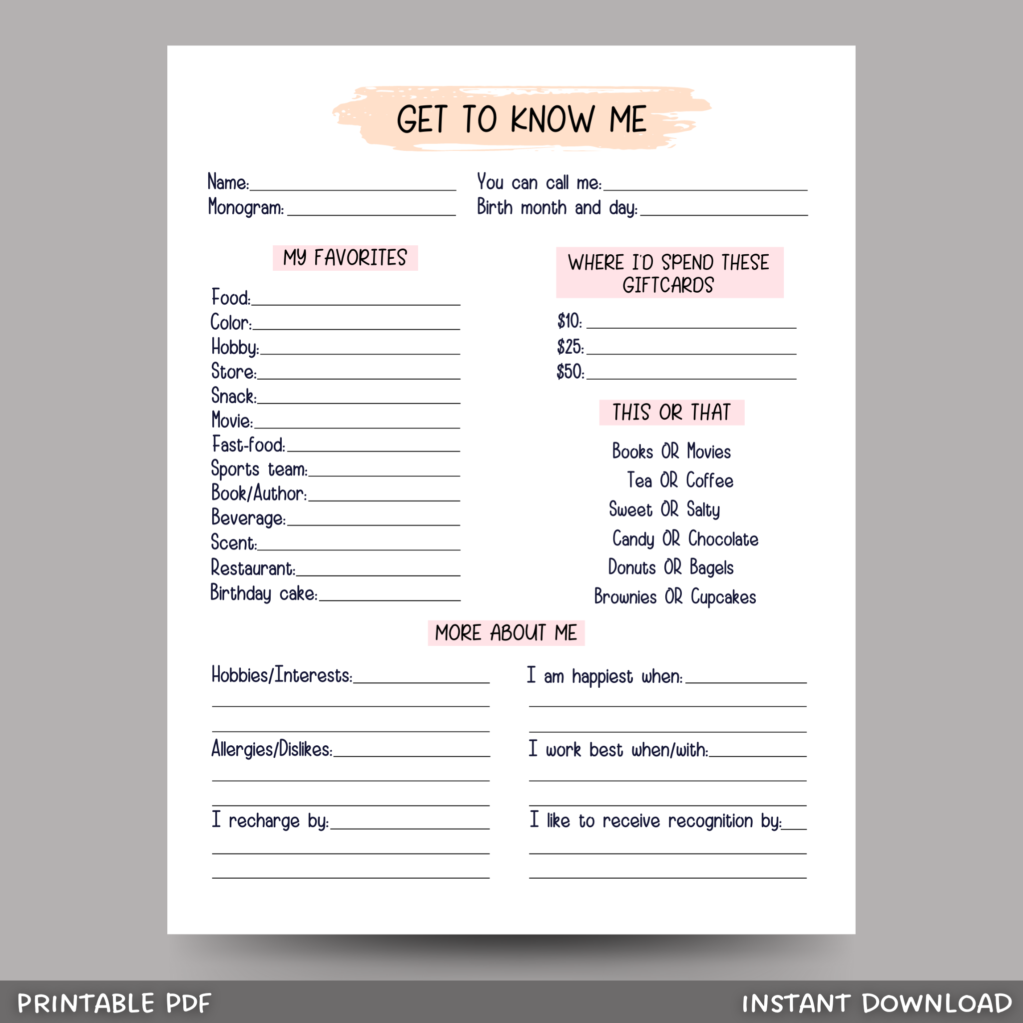 coworker questions printable, all about me employee survey