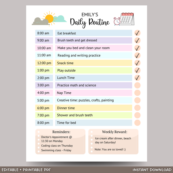 Editable Kids Daily Routine, Printable Chore Chart, Daily Schedule Tem ...