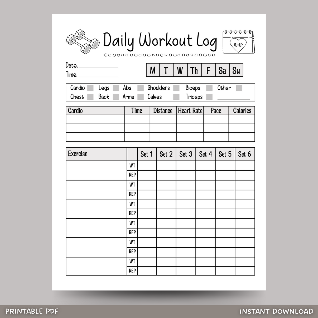 Daily Workout Log Printable Exercise Planner, Gym Training Tracker ...
