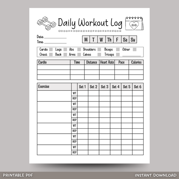 Daily Workout Log Printable Exercise Planner, Gym Training Tracker ...