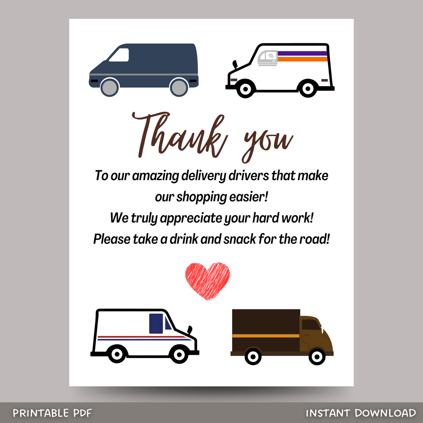 Delivery Driver Appreciation Printable Thank You Snack & Drink Sign