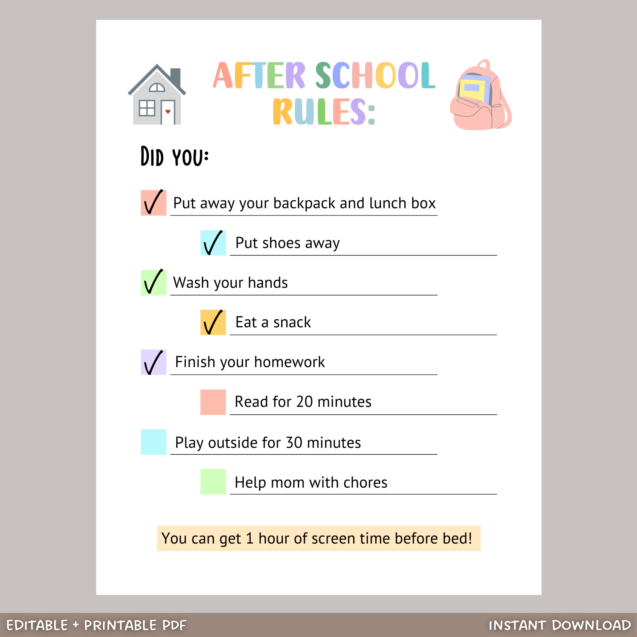 Editable After School Rules Checklist For Kids, Printable Routine Remi ...