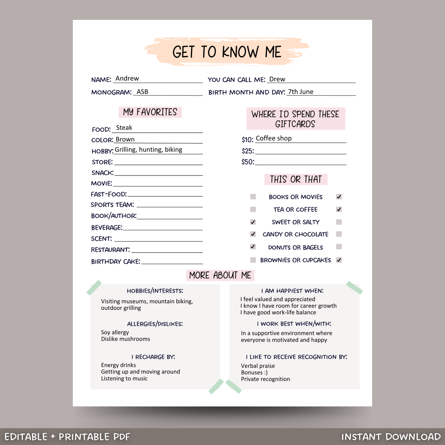 Editable Coworker Questions, Printable All About Me Employee Questionnaire