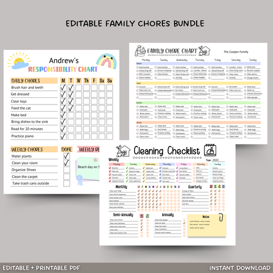 Editable Family Chore Chart, Printable Cleaning Schedule, Digital Planner Checklist