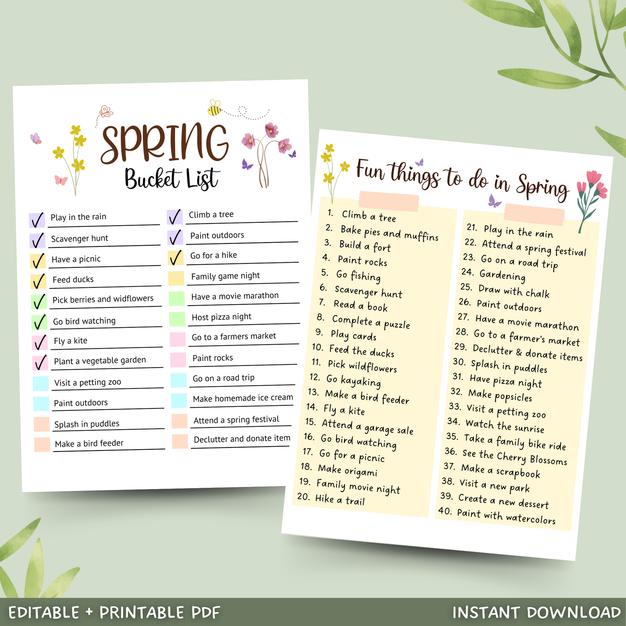 Editable Spring Bucket List, Printable Spring Activities Kids & Adults ...