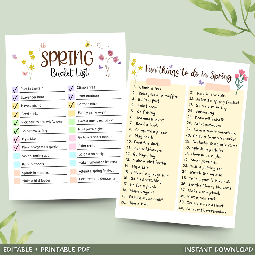 Editable Spring Bucket List, Printable Spring Activities Kids & Adults ...