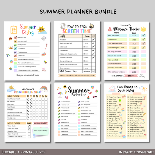 Editable Summer Planner Bundle, Printable Chore Charts & Checklists For Kids