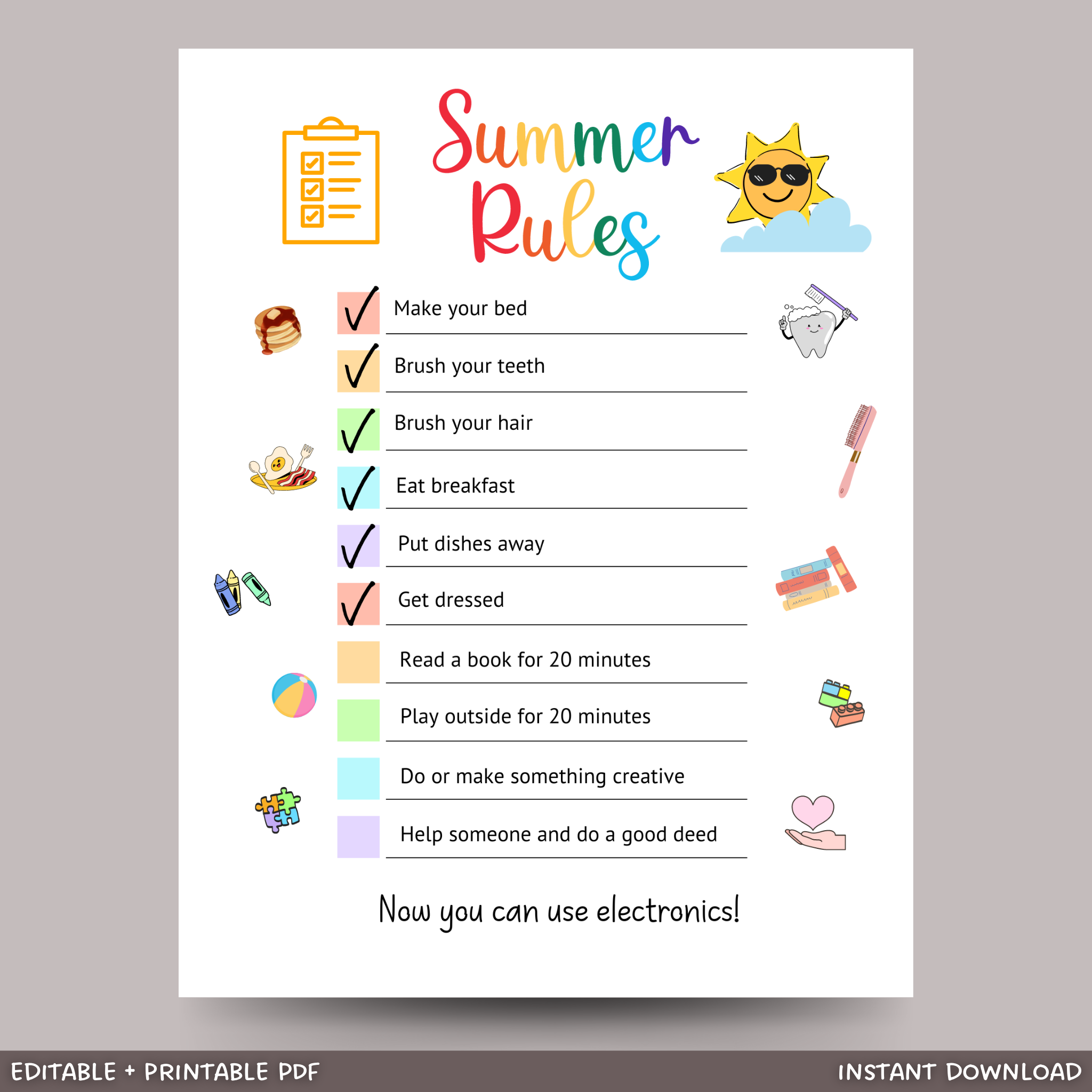 Editable Summer Rules for Kids, Printable Daily Checklist Scribbled LLC