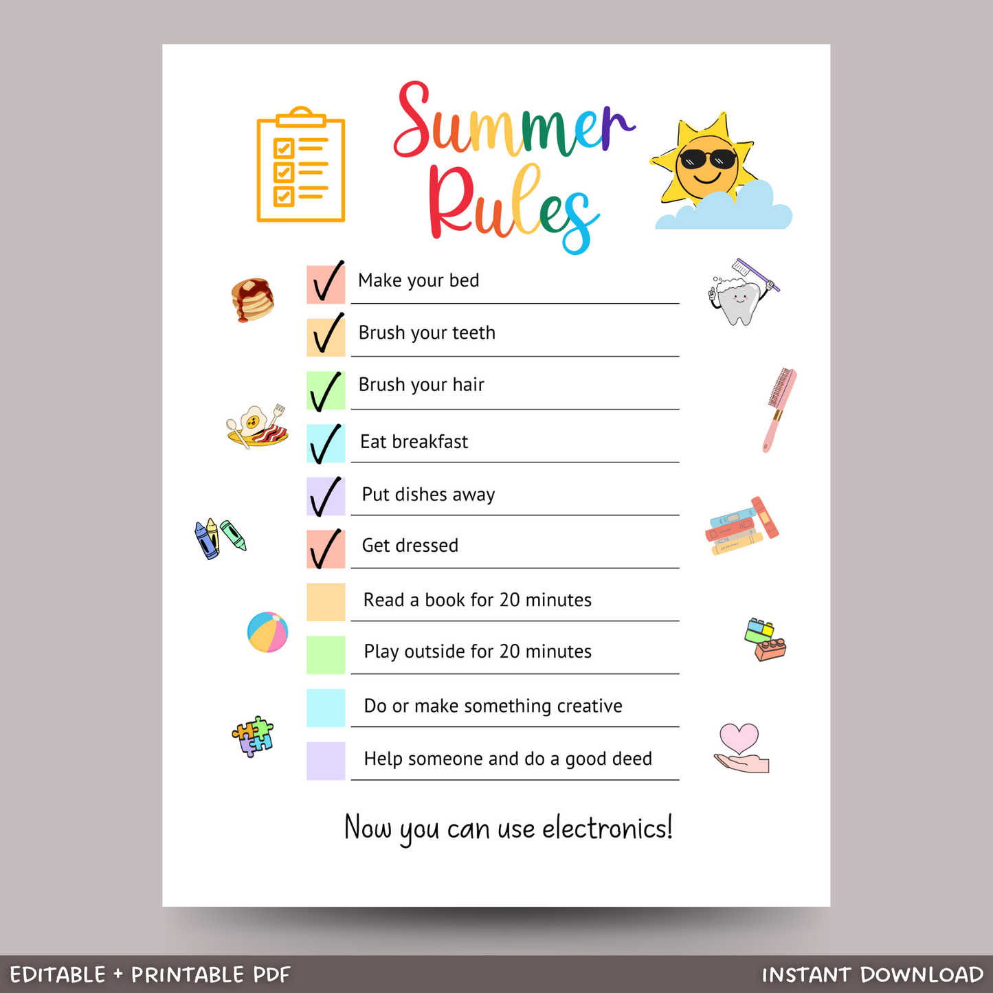 Editable Summer Rules For Kids, Printable Daily Checklist