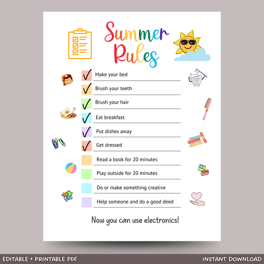 Editable Summer Rules For Kids, Printable Daily Checklist