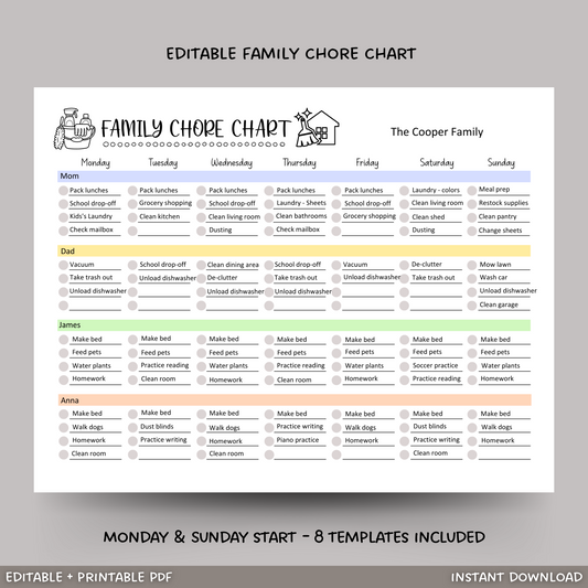 Family Chore Chart Printable, Editable Weekly Household Calendar Schedule