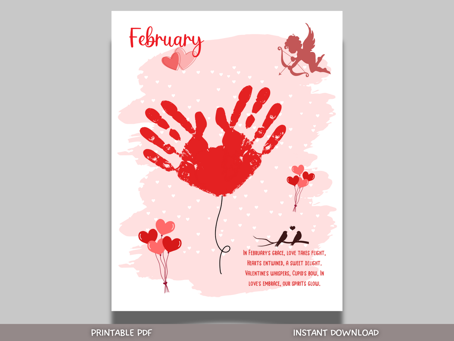 February Handprint Footprint Crafts Printable, DIY Art Kids Preschool Activity, Valentines Monthly Keepsakes Baby Toddler PreK Kindergarten