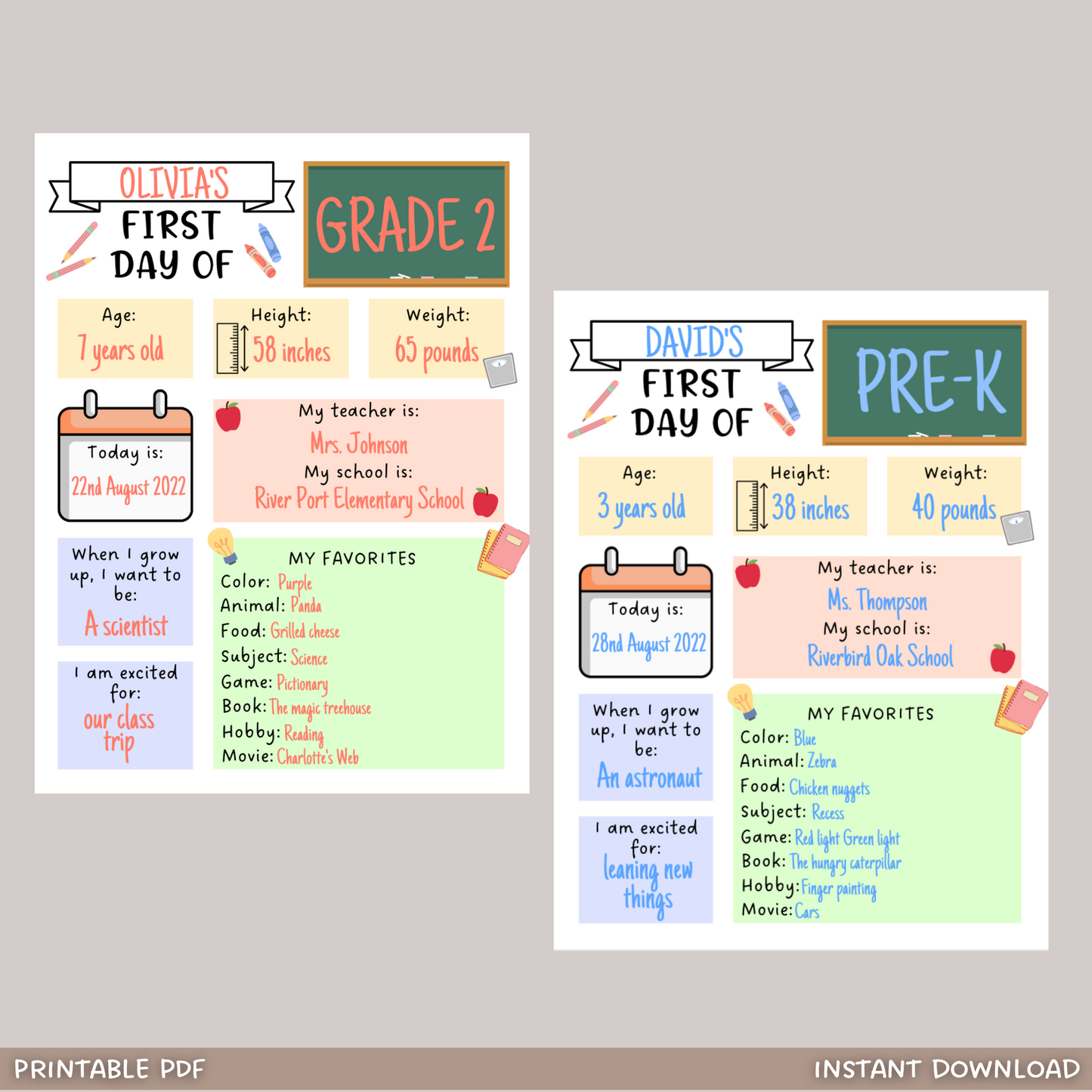 First and Last Day of School Signs Printable, Back to School Questionnaire Template