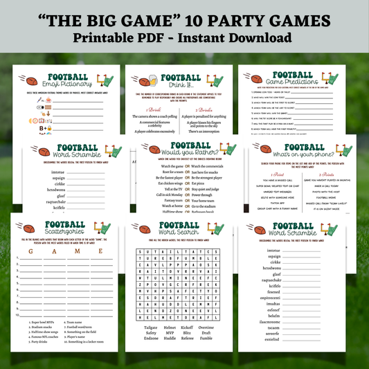 Football Party Games Bundle Printable, 2025 The Big Game Super Sunday Activity for Kids & Adults, Tailgate Family Group Fantasy Fun Ideas