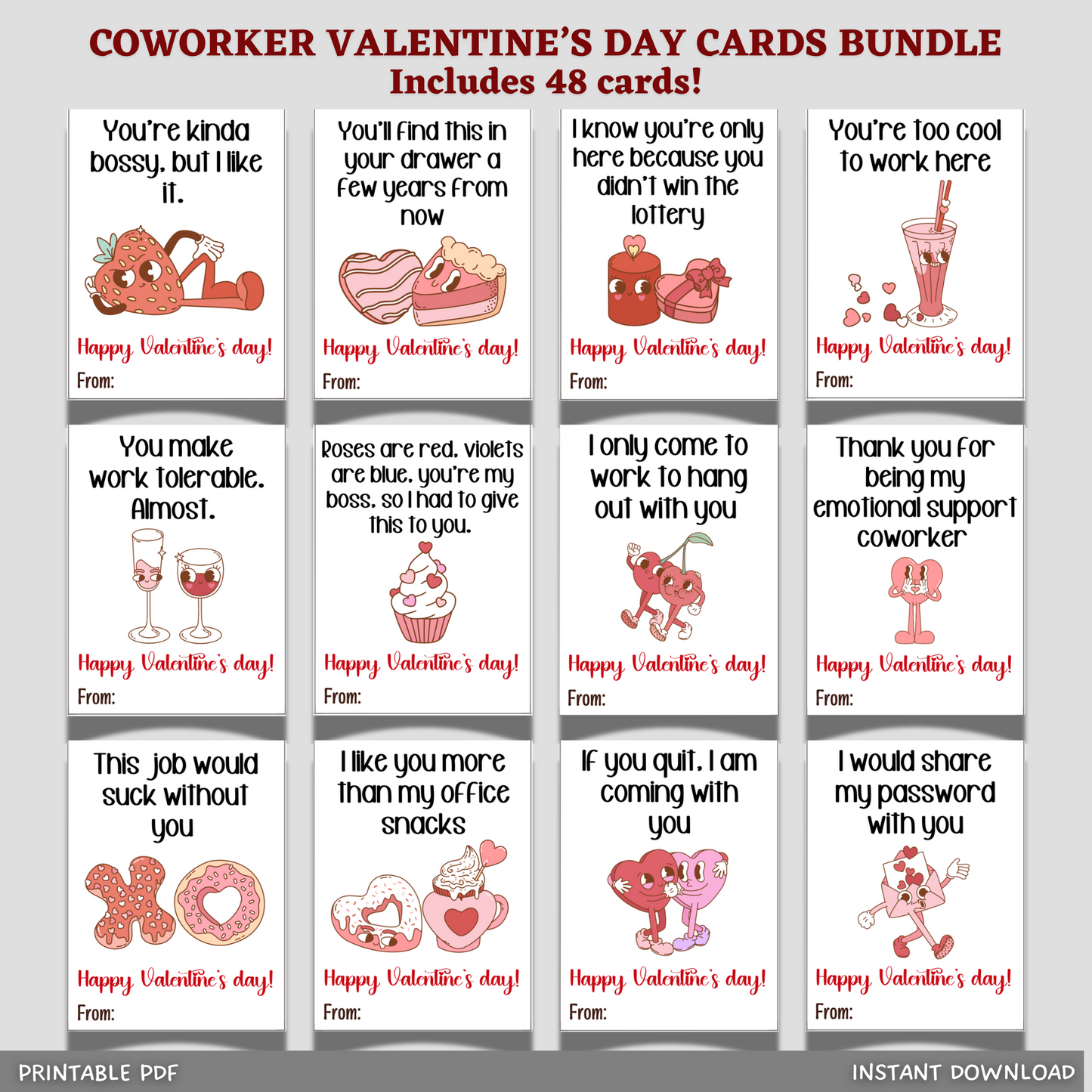 Funny Coworker Valentine's Day Retro Cards Printable, Workplace Office Party Gift for Colleague Staff Boss Employee