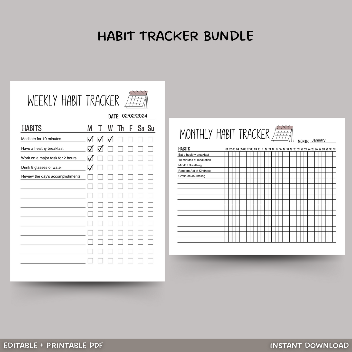 Habit Tracker Printable, Editable Monthly Weekly Daily Goal Planner Template