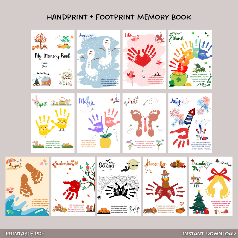 Handprint Memory Book Printable, DIY Footprint Art Kids Activity, Mont ...