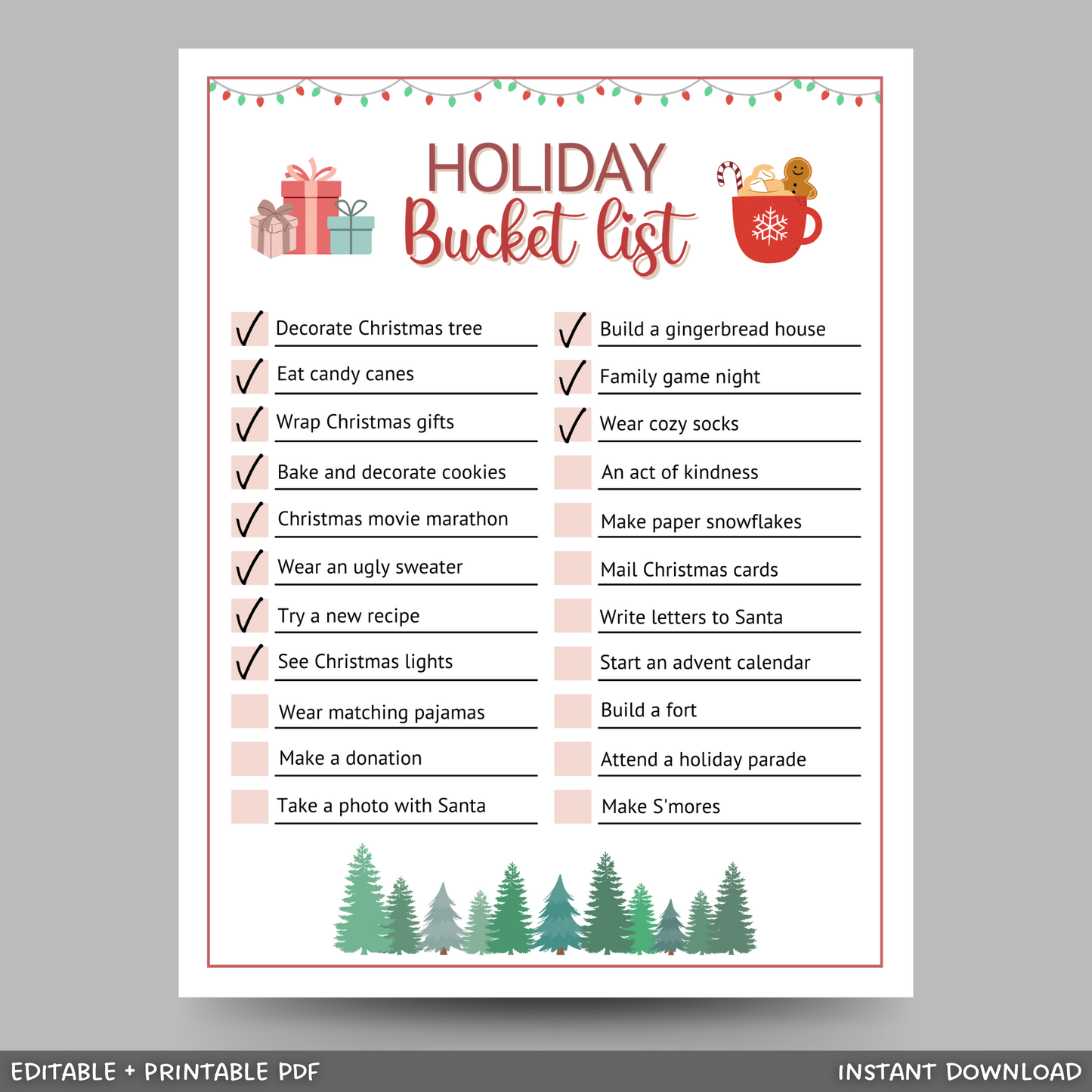 Holiday Bucket List Printable, Editable Christmas Activity Checklist