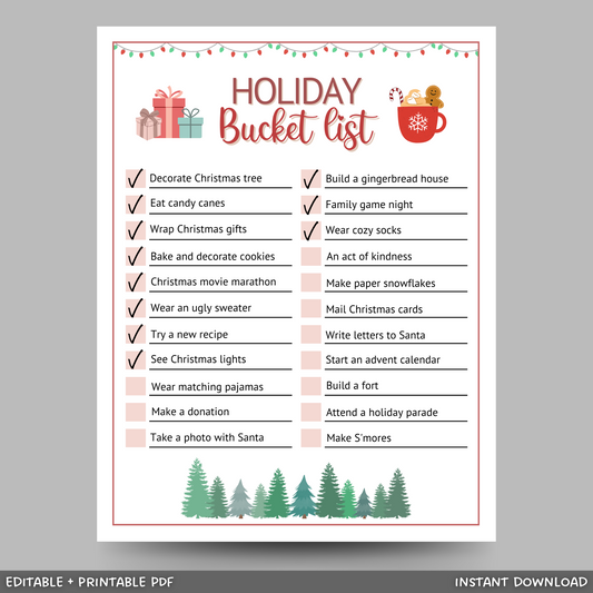 Holiday Bucket List Printable, Editable Christmas Activity Checklist