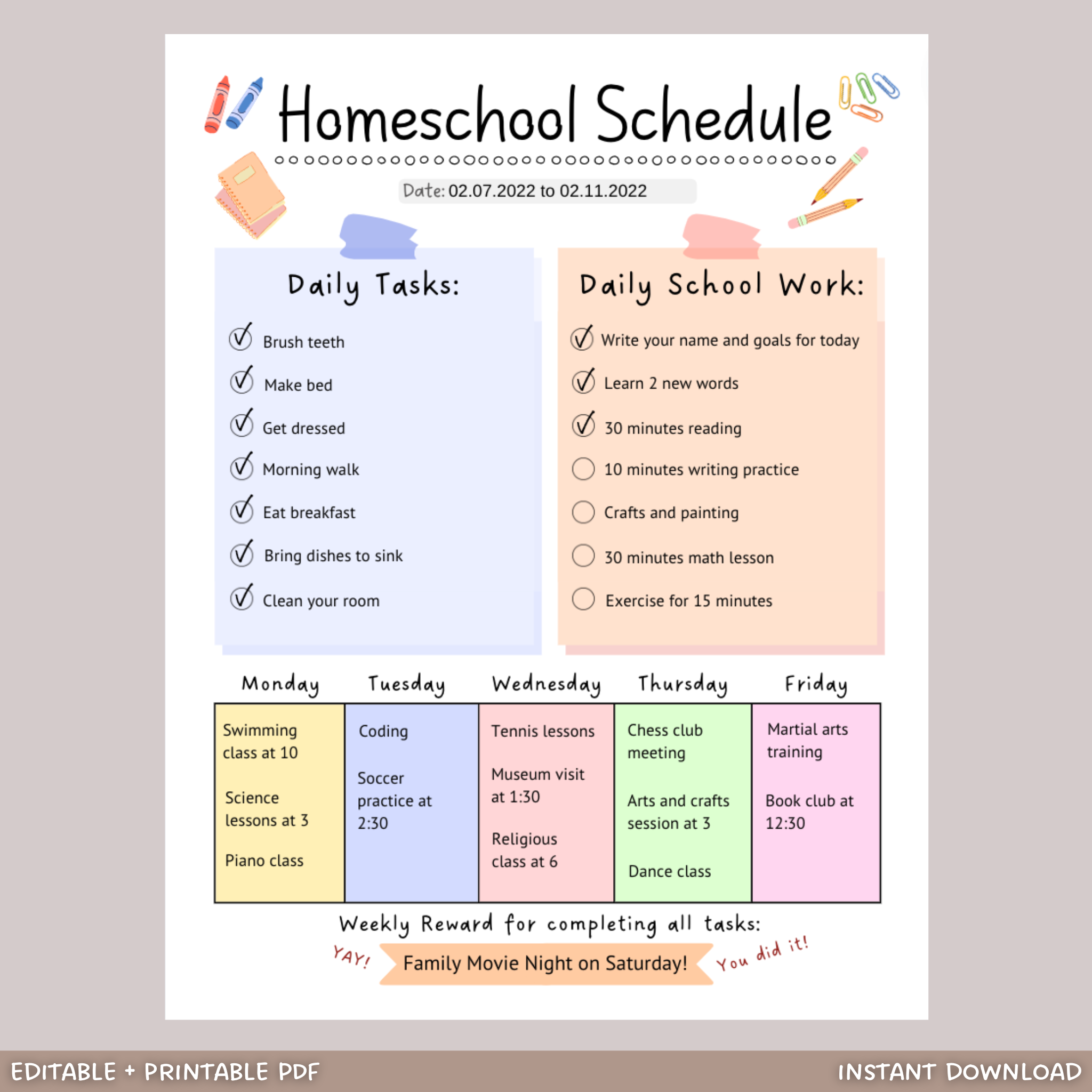 Editable Homeschool Schedule Printable For Kids, Preschool Lesson Plan ...