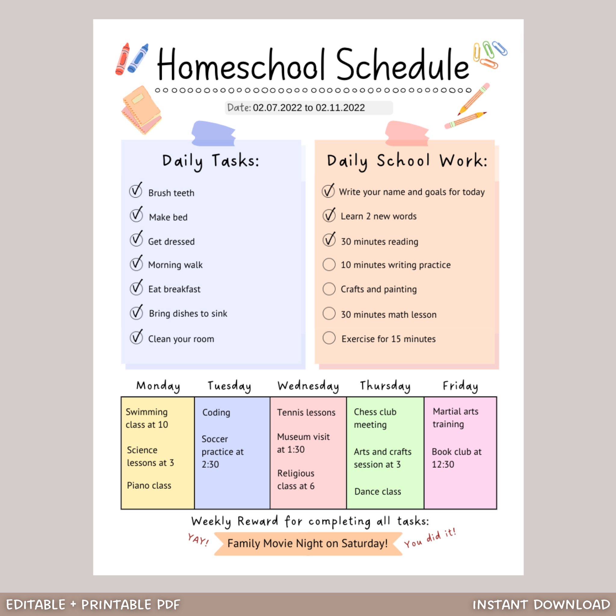 Daily School Work Overview.pdf Editable Homeschool Schedule Printable For Kids, Preschool Lesson Plan ...