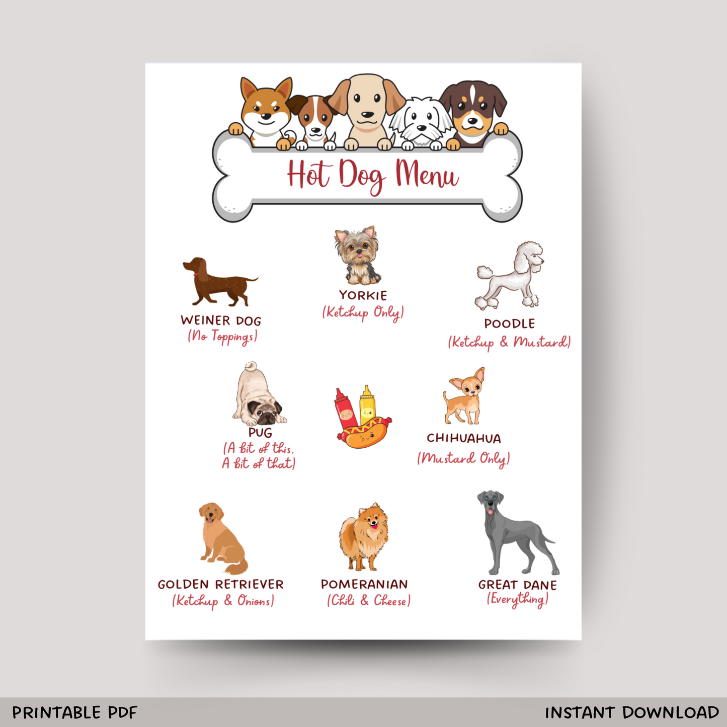 Hot Dog Bar Menu Sign Printable, Puppy Dog Birthday Party Decorations