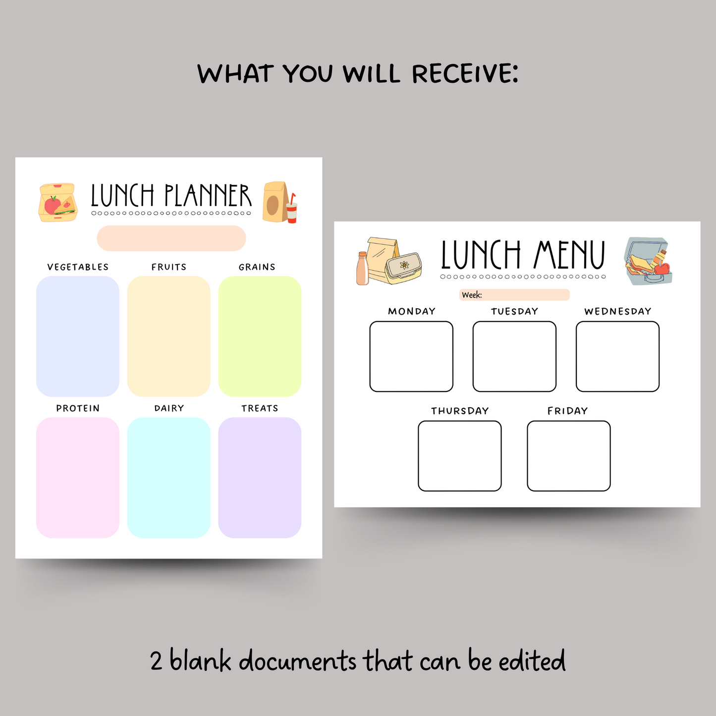 School Lunch Meal Planner Printable, Editable Lunch Menu Kids