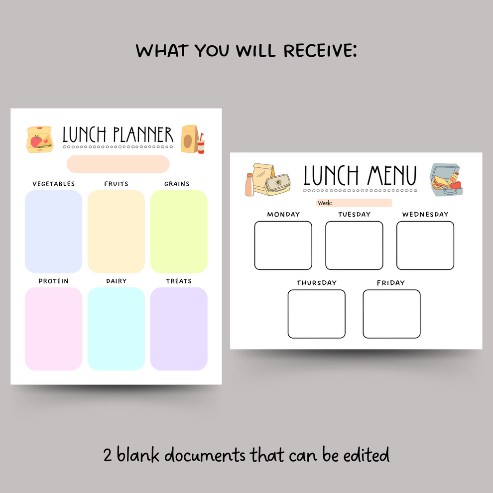 School Lunch Meal Planner Printable, Editable Lunch Menu Kids ...
