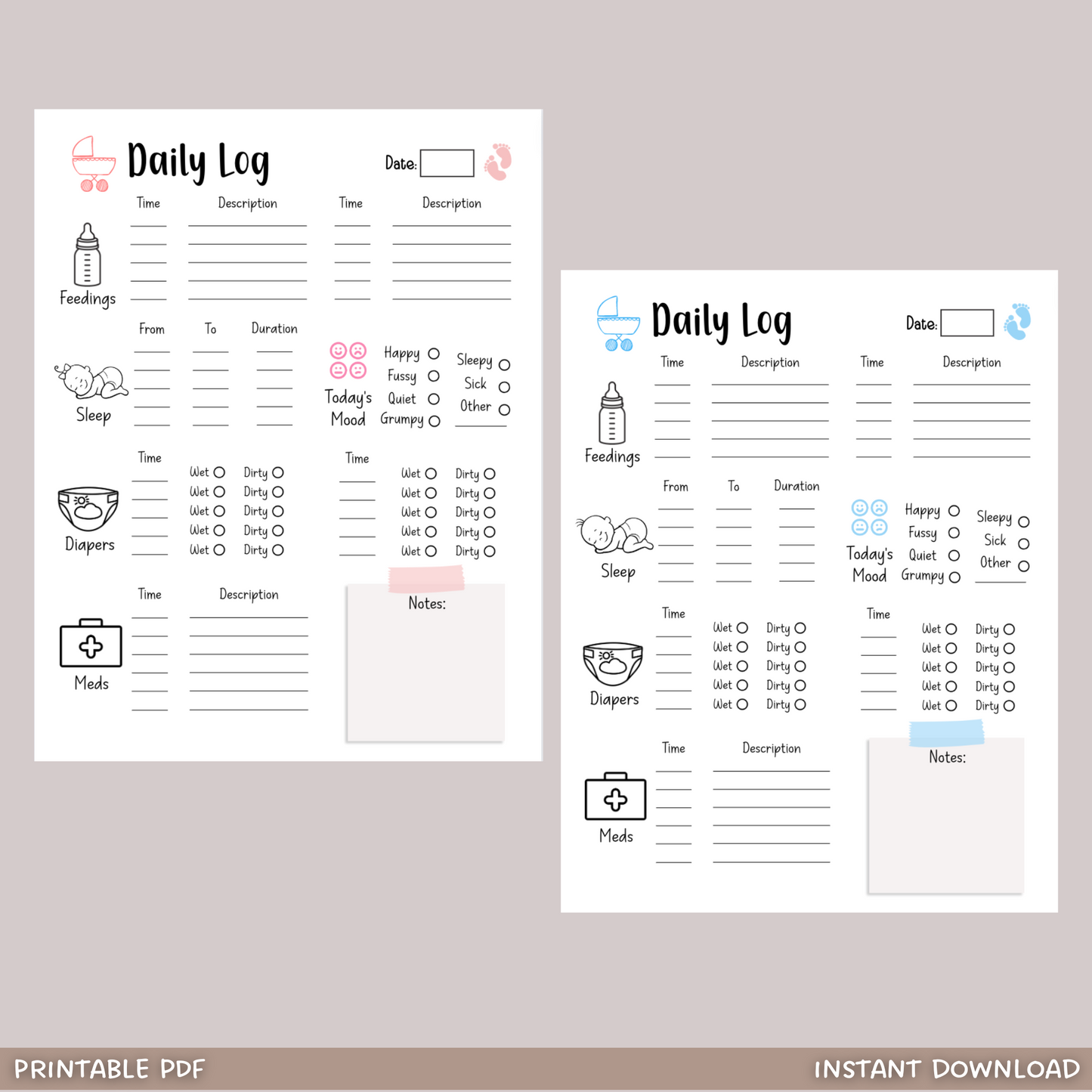 Infant Daily Log Printable, Baby Daycare Tracker Template, Nanny Log