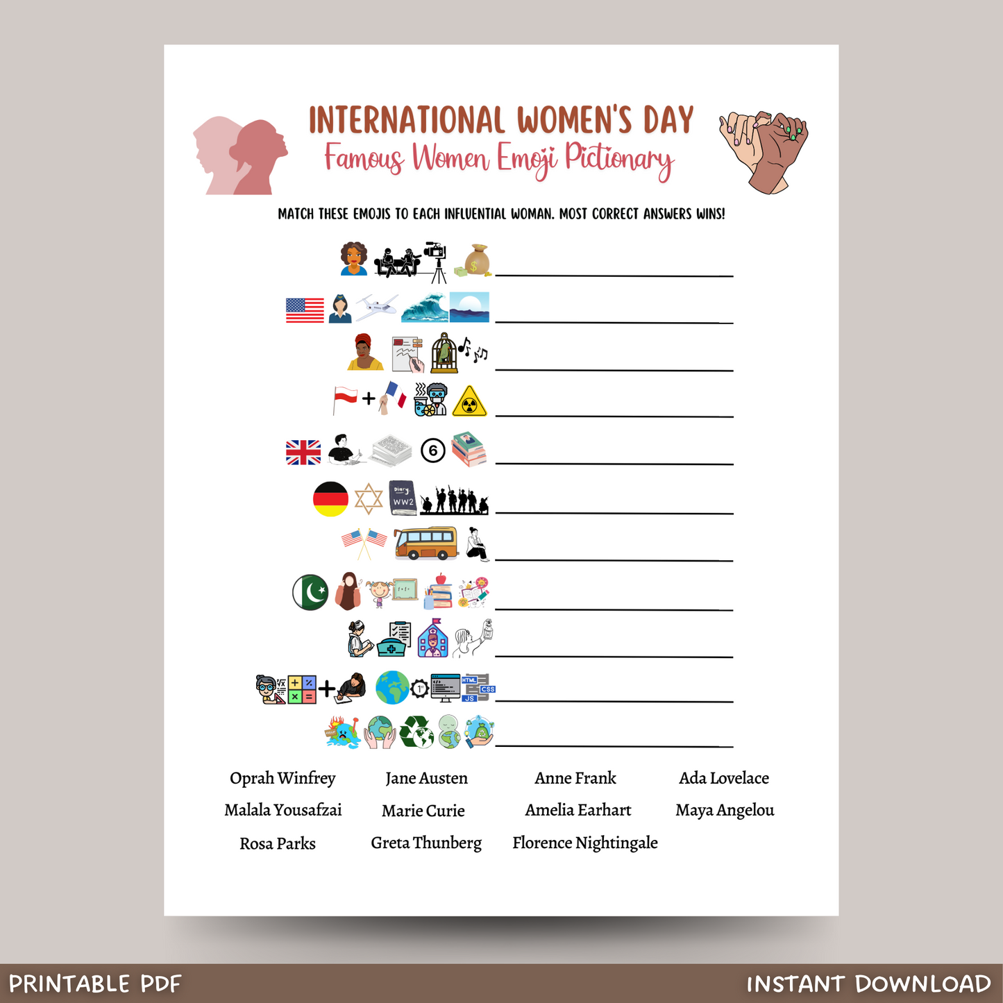 International Women's Day Emoji Pictionary Game Printable