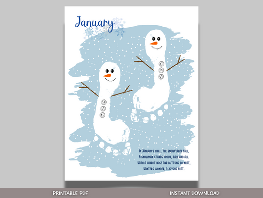 January Handprint Footprint Crafts Printable, DIY Art Kids Preschool Activity, Winter Monthly Keepsakes for Baby Toddler PreK Kindergarten