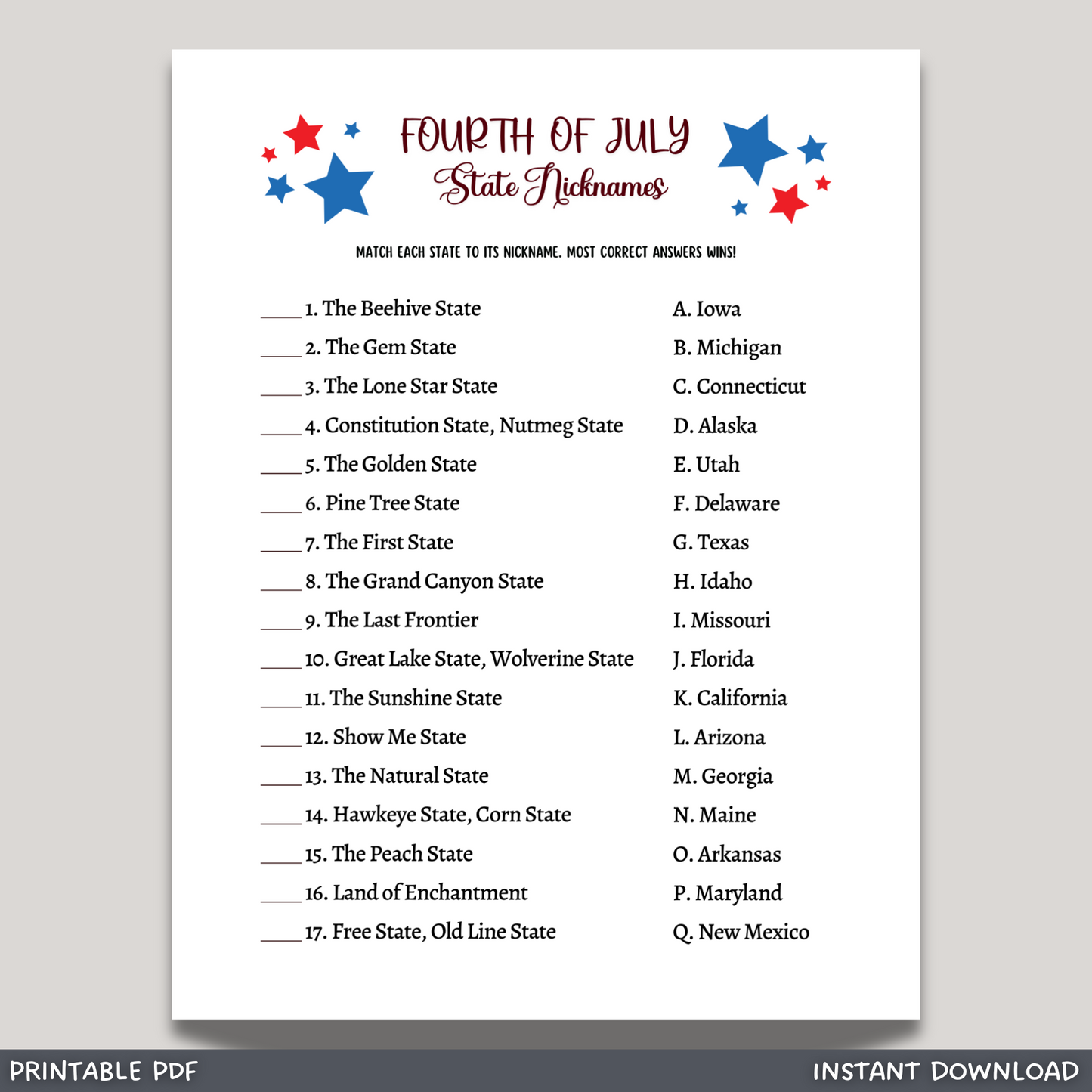 July 4th State Nicknames Game Printable, Family Trivia Activity Adults & Kids