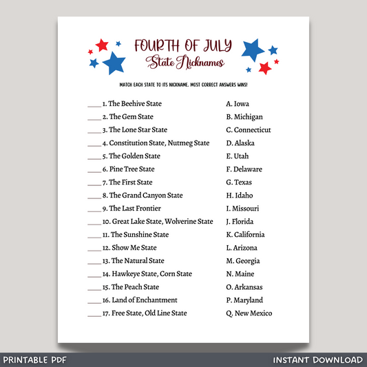 July 4th State Nicknames Game Printable, Family Trivia Activity Adults & Kids